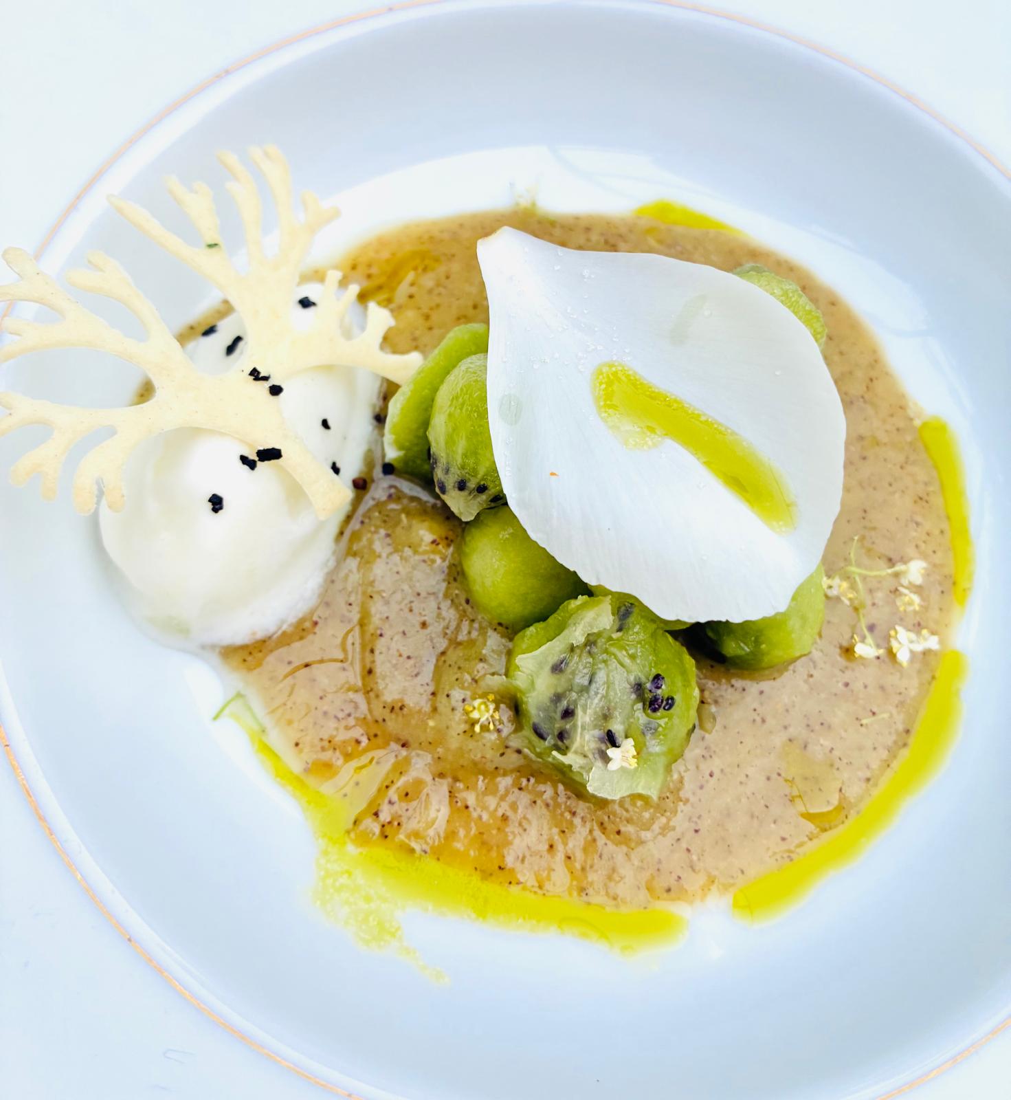 Assiette sucree autour du kiwi avec glace et fleur blanche